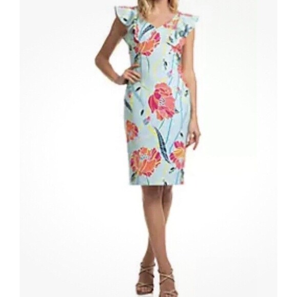 Trina‎ Turk 4 Flutter Sleeve Printed Linzy Dress Sheath Floral Coastal Beach - Picture 1 of 8